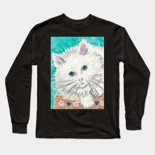 Fluffy white cat watercolor painting Long Sleeve T-Shirt